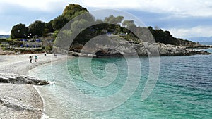 Blue lagoon beach coast, Kassiopi village, Corfu Island, Greece. Bataria beach with clear turquoise water