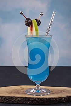 Blue Lagoon Blue Hawaiian Cocktail Vodka Alcoholic Drink. Iced blue cosmopolitan cocktail. Blue margarita. Blue curacao liqueur.
