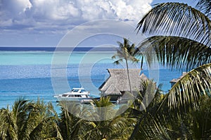 Blue lagoon of the Bora Bora island, Polynesia. Top view on palm trees, traditional lodges over water and the sea