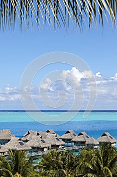 Blue lagoon of the Bora Bora island, Polynesia. Top view on palm trees, traditional lodges over water and the sea