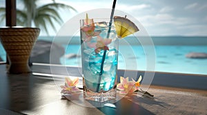 Blue lagoon cocktail decorated with tropical flowers by light blue sunny sea. Generative AI illustration