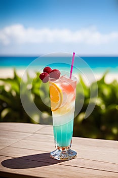 Blue lagoon cocktail with lemon and raspberries on the beach. Summer vacation concept. Teasty cocktail. Beautyful background. photo