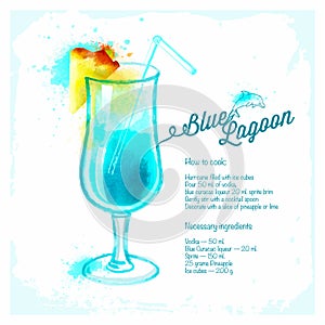 Blue Lagoon cocktails drawn watercolor.