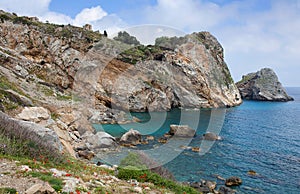 Blue lagoon of Greek island Kastro near Skiathos, Northern Sporades, Greece
