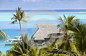 Blue lagoon of the island of Bora Bora, Polynesia. A view from height on palm trees, traditional lodges over water and the sea