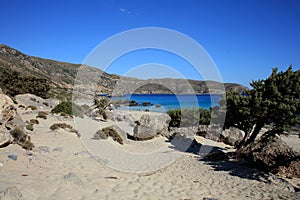 Blue lagoon kedrodasos beach creta island rocky cost clear waters covid-19 season holidays modern background high quality print