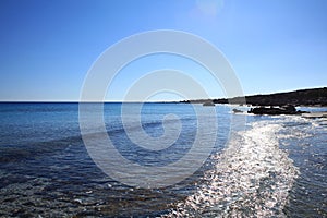 Blue lagoon kedrodasos beach creta island rocky cost clear waters covid-19 season holidays modern background high quality print