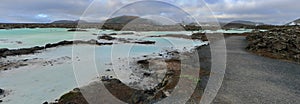 Blue Lagoon Landscape Panorama in Evening Light, Grindavik, Volcanic Reykjanes Peninsula, Iceland