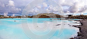 Blue lagoon panorama with termal power station in the background, Grindavik, Iceland photo