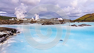 Blue lagoon panorama with termal power station in the background, Grindavik, Iceland photo