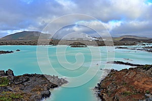 Blue Lagoon Pools with Geothermal Power Plant in Lava Fields, Reykjanes Peninsula, Iceland