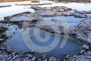 Blue lagoon water in Volcanic lava field landscape with white-blue warm. Waternatural geothermal near Reykjavik, Iceland