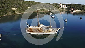 Blue lagune with vessels during calm morning in summer