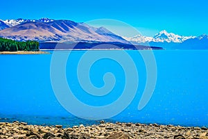 Blue Lake Pukaki and Mt Cook massif, New Zealand South island idyllic landscape