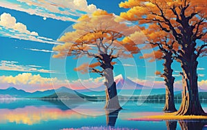 Blue Lake serene trees forest landscape illustration. Ai generated