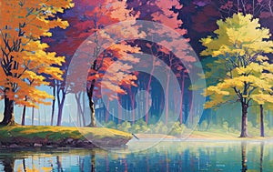 Blue Lake serene trees forest landscape illustration. Ai generated