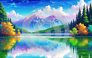 Blue Lake serene trees forest landscape illustration. Ai generated