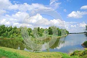 Blue lake and sky with willows on the bank