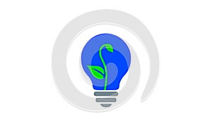 Blue lamp bulb, turns on and off, green plant sprout with leaves growing inside, Simple flat pictogram. Earth care, innovation,