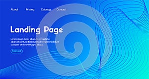 Blue landing page vector template. Abstract dynamic wavy line minimal trendy background