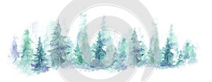 Blue landscape of foggy forest, winter hill. Wild nature, frozen, misty, taiga. watercolor background