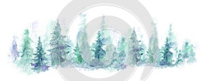 Blue landscape of foggy forest, winter hill. Wild nature, frozen, misty, taiga. watercolor background photo