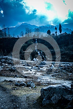 Blue in Landscape. Mountain Valley Scenery vertical. Sikkim West Bengal India