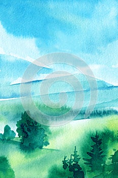 Blue landscape with mountains, sky, clouds, green meadow. Hand drawn nature background. Spring watercolor illustration