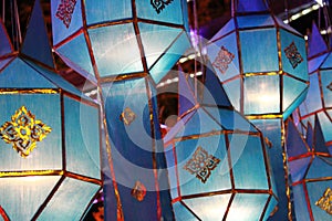 Blue Lanna lantern lamp in Loy Kratong Festival, or call Yee Peng Festival at northern of thailand