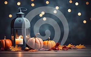 Blue lantern with burning candle on wooden floor decorated in autumnal style, pumpkins, maple leaves. Blurred bokeh lights.
