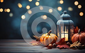 Blue lantern with burning candle on wooden floor decorated in autumnal style, pumpkins, maple leaves. Blurred bokeh lights.