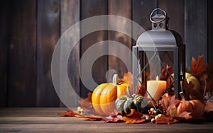 Blue lantern with burning candle on wooden floor decorated in autumnal style, pumpkins, maple leaves. Blurred bokeh lights.