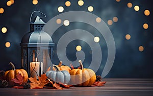 Blue lantern with burning candle on wooden floor decorated in autumnal style, pumpkins, maple leaves. Blurred bokeh lights.