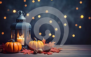 Blue lantern with burning candle on wooden floor decorated in autumnal style, pumpkins, maple leaves. Blurred bokeh lights.