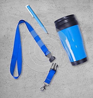 Blue Lanyard Neck Strap with Metal Lobster Clip and Safety Breakaway Clasp, blue thermo mug, blue pen photo
