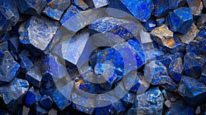 Blue lapis lazuli raw crystals, natural stones background