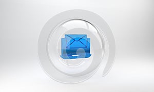 Blue Laptop with envelope and open email on screen icon isolated on grey background. Email marketing, internet