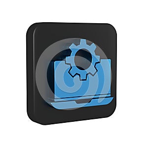 Blue Laptop and gear icon isolated on transparent background. Laptop service concept. Adjusting app, setting options