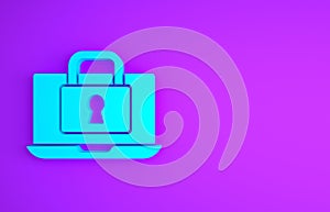 Blue Laptop and lock icon isolated on purple background. Computer and padlock. Security, safety, protection concept