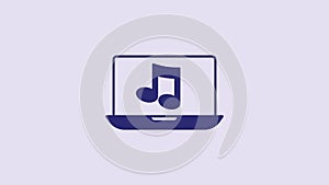 Blue Laptop with music note symbol on screen icon isolated on purple background. 4K Video motion graphic animation