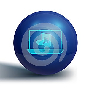 Blue Laptop with music note symbol on screen icon isolated on white background. Blue circle button. Vector