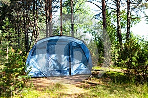 Blue large four-seater camping tent stands in shade of pine forest, weather is sunny. Summer camp, rest, hike. Front view.