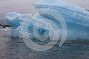 Blue large icebergs in Jokulsarlon glacier lake in Iceland