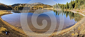 Blue Larix Lake Autumn Panoramic Landscape Sunshine Meadows Canadian Rocky Mountains