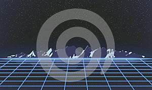 Blue Laser Grid and Mountain Ridge Silhouette in Deep Space. Retro Futuristic Template in 80s Style