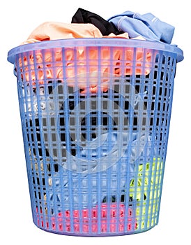 Blue laundry basket with colorful clothes isolated on white background with clipping path
