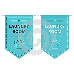 Blue laundry room banners in the shape of pennat with a t-shirt icon on it