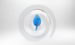 Blue Leaf icon isolated on grey background. Leaves sign. Fresh natural product symbol. Glass circle button. 3D render