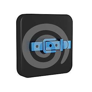 Blue Leather belt with buttoned steel buckle icon isolated on transparent background. Black square button.