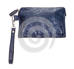 Blue leather wristlet pouch bag isolated on white